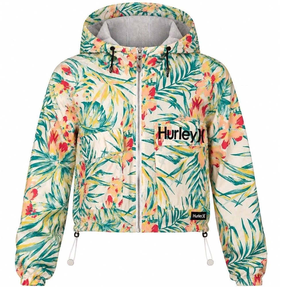 Hurley Tropical Floral Print Cropped Hooded Windbreaker Jacket Multi Sz XL